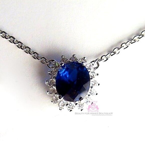 Princess Checker Cut Oval Sapphire Blue Cubic Zirconia White Gold Plate Necklace - Picture 1 of 5